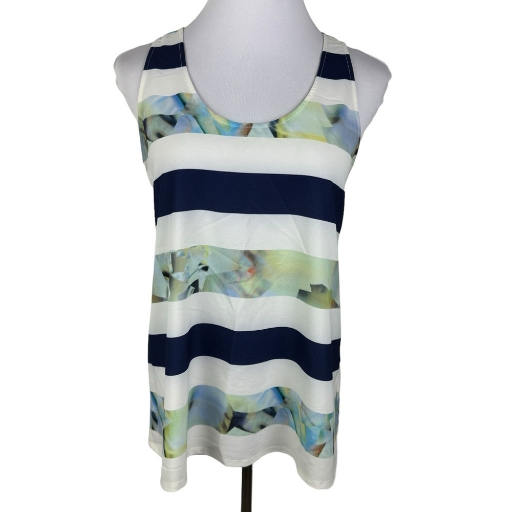 Kenar Lightwieght Scoop Neck Sleeveless Blouse Women's Medium White Navy Green